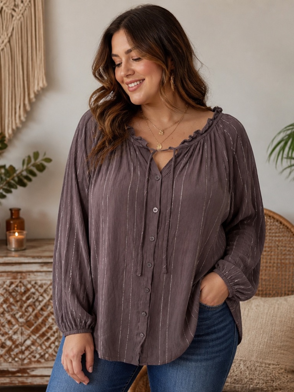Torrid Women’s 2 Mauve Purple Metallic Stripe Blouse Button Office Tie Neck